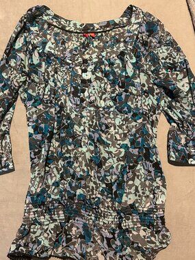 ESPIRIT Flowery Blue & Green Sheer Top Cinch Waist Size S
